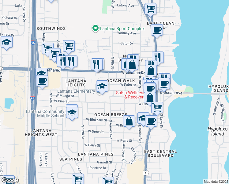 map of restaurants, bars, coffee shops, grocery stores, and more near 116 South Arnold Avenue in Lantana