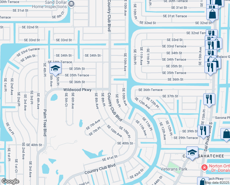 map of restaurants, bars, coffee shops, grocery stores, and more near 3618 Southeast 9th Place in Cape Coral