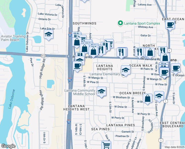 map of restaurants, bars, coffee shops, grocery stores, and more near 1320 West Ocean Avenue in Lantana