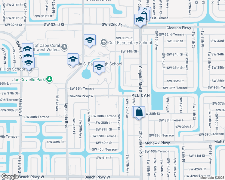 map of restaurants, bars, coffee shops, grocery stores, and more near 1732 Southwest 36th Terrace in Cape Coral
