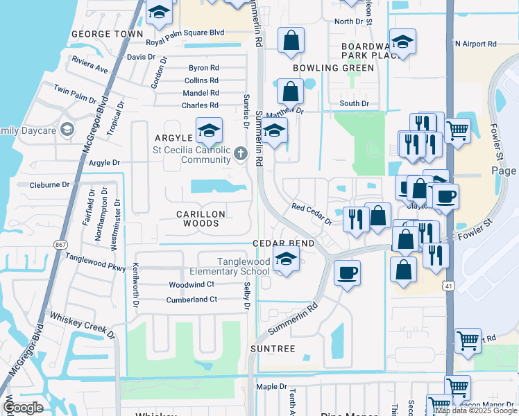 map of restaurants, bars, coffee shops, grocery stores, and more near 5216 Cedarbend Drive in Fort Myers
