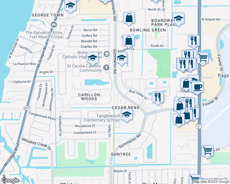 map of restaurants, bars, coffee shops, grocery stores, and more near 5216 Cedarbend Drive in Fort Myers