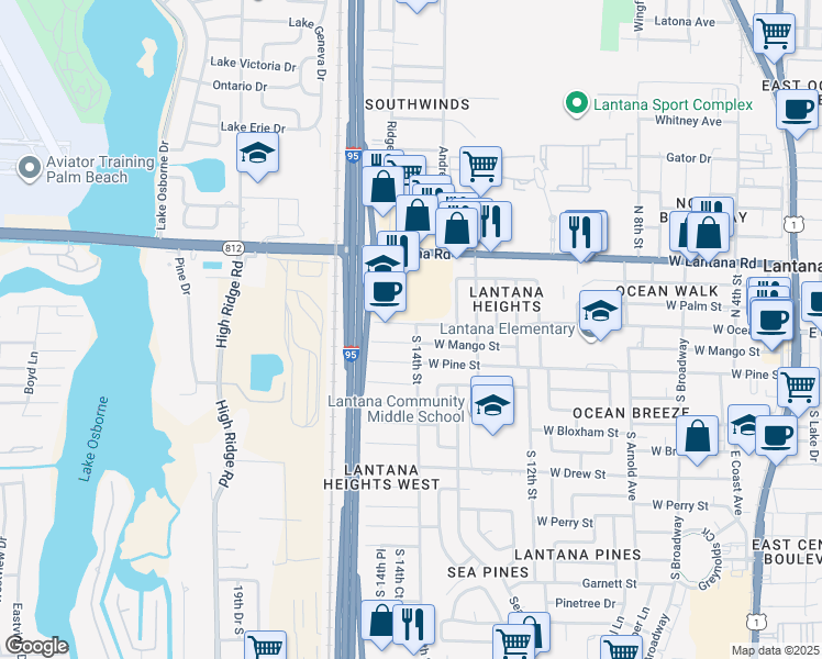 map of restaurants, bars, coffee shops, grocery stores, and more near 1402 West Ocean Avenue in Lantana