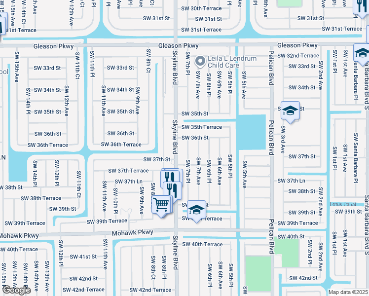 map of restaurants, bars, coffee shops, grocery stores, and more near 3616 Southwest 7th Place in Cape Coral