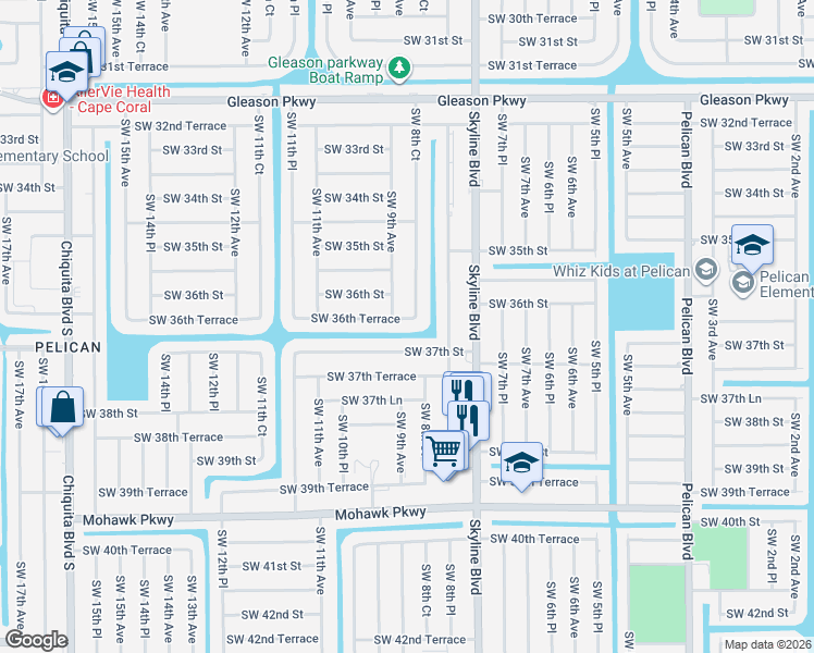 map of restaurants, bars, coffee shops, grocery stores, and more near 830 Southwest 36th Terrace in Cape Coral