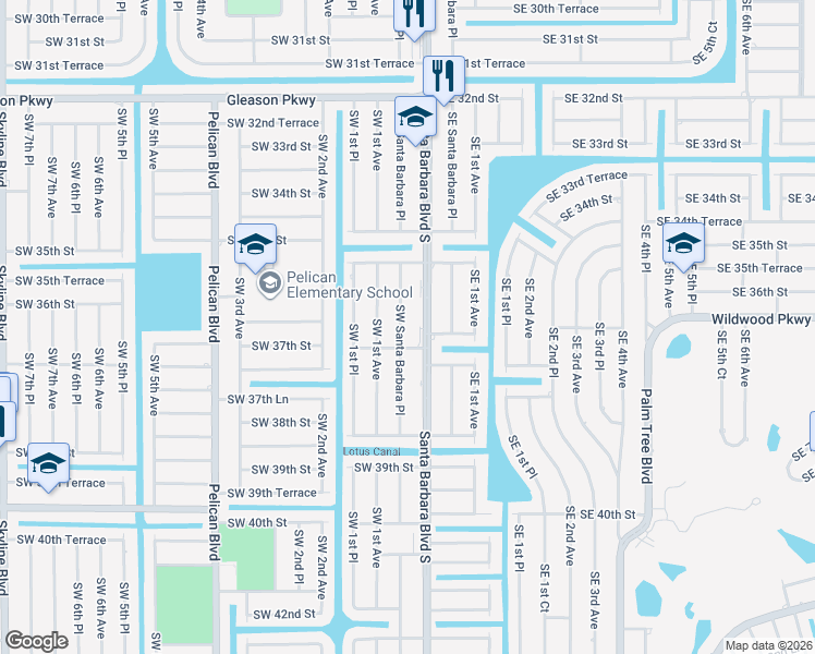 map of restaurants, bars, coffee shops, grocery stores, and more near 3619 Southwest Santa Barbara Place in Cape Coral
