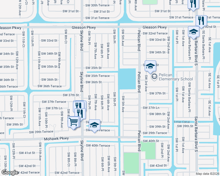 map of restaurants, bars, coffee shops, grocery stores, and more near 3615 Southwest 6th Avenue in Cape Coral