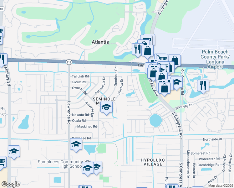 map of restaurants, bars, coffee shops, grocery stores, and more near 441 Waseca Drive in Lake Worth