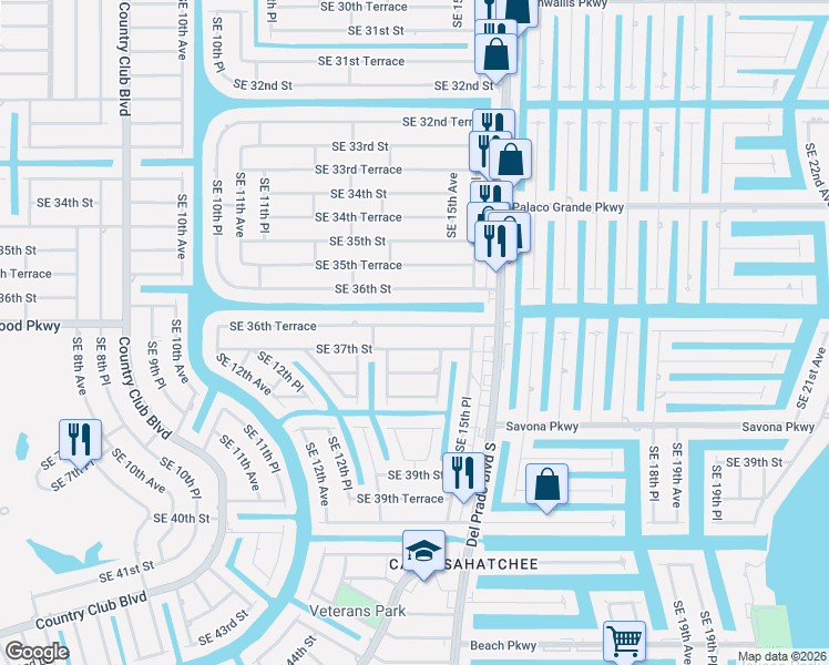 map of restaurants, bars, coffee shops, grocery stores, and more near 1408 Southeast 36th Terrace in Cape Coral