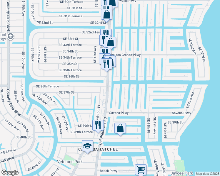 map of restaurants, bars, coffee shops, grocery stores, and more near 3625 Del Prado Boulevard South in Cape Coral