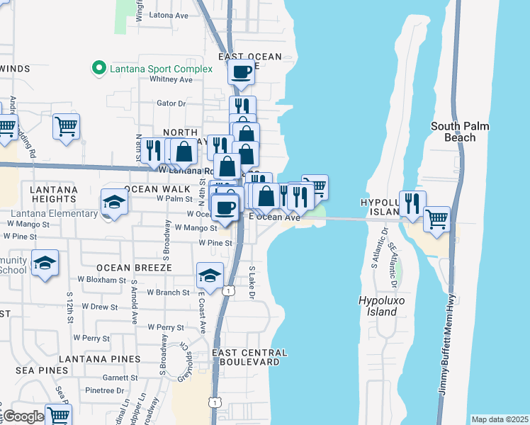 map of restaurants, bars, coffee shops, grocery stores, and more near 221 East Ocean Avenue in Lantana