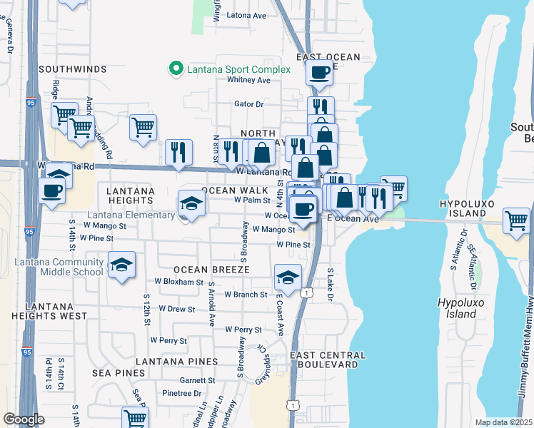 map of restaurants, bars, coffee shops, grocery stores, and more near 15 West Ocean Avenue in Lantana