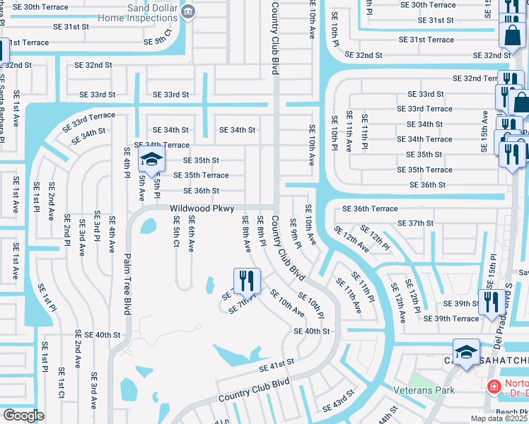 map of restaurants, bars, coffee shops, grocery stores, and more near 3615 Southeast 8th Place in Cape Coral