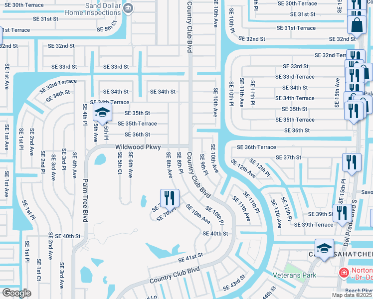 map of restaurants, bars, coffee shops, grocery stores, and more near 3615 Southeast 8th Place in Cape Coral