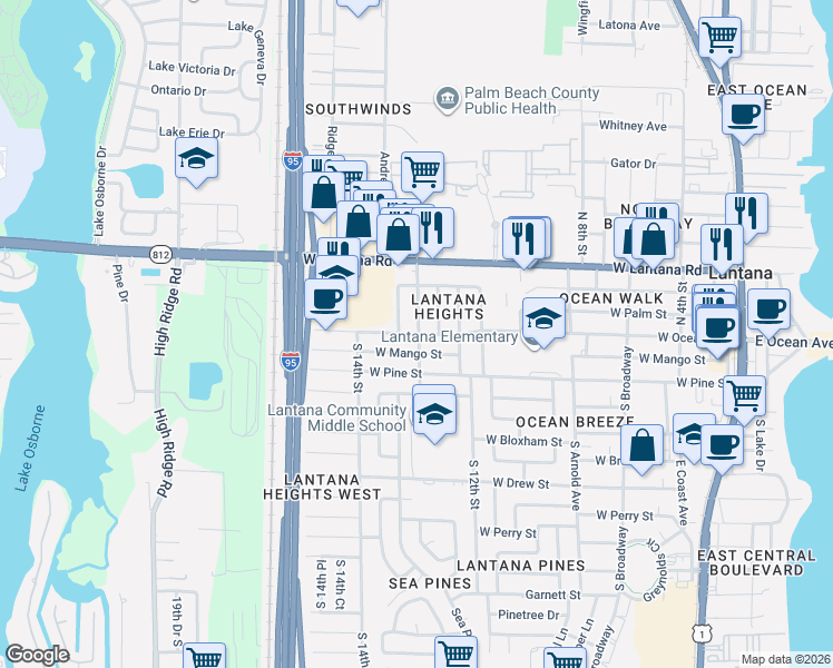 map of restaurants, bars, coffee shops, grocery stores, and more near 1226 West Ocean Avenue in Lantana