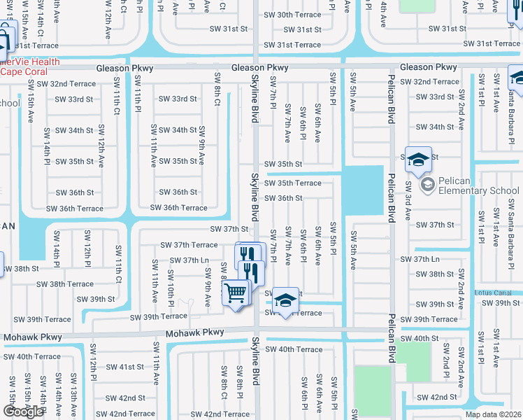map of restaurants, bars, coffee shops, grocery stores, and more near 3616 Southwest 7th Place in Cape Coral