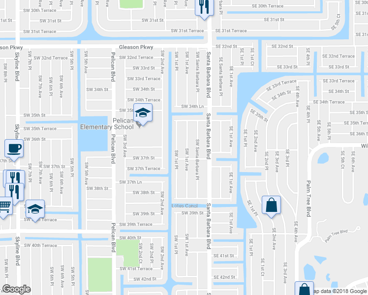 map of restaurants, bars, coffee shops, grocery stores, and more near 3616 Southwest 1st Avenue in Cape Coral