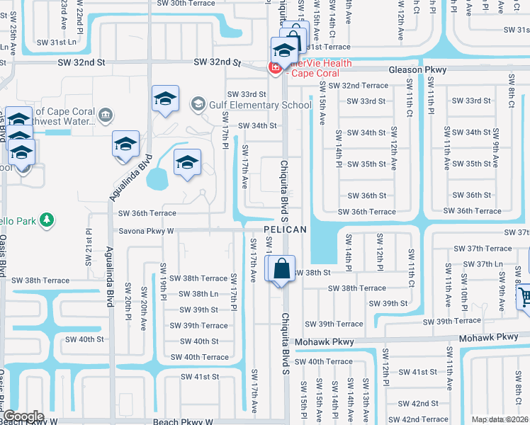 map of restaurants, bars, coffee shops, grocery stores, and more near 1616 Southwest 36th Terrace in Cape Coral