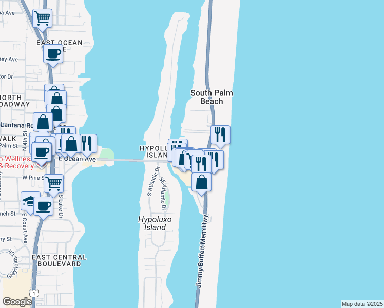 map of restaurants, bars, coffee shops, grocery stores, and more near 450 East Ocean Avenue in Lantana