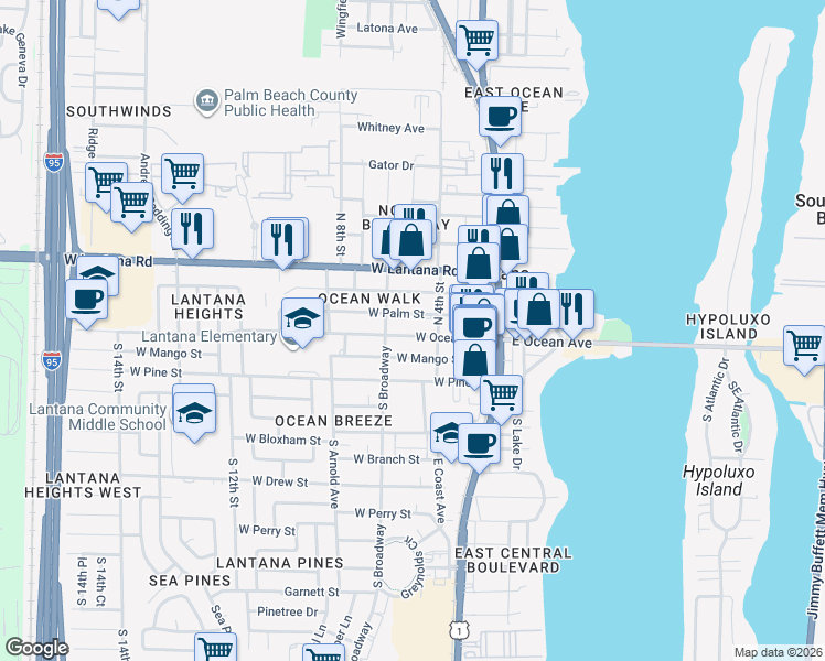 map of restaurants, bars, coffee shops, grocery stores, and more near 423 West Ocean Avenue in Lantana