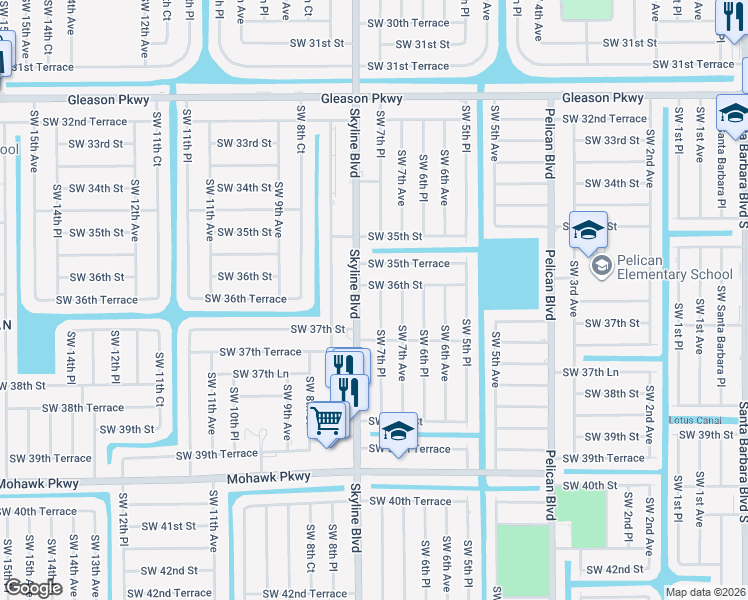 map of restaurants, bars, coffee shops, grocery stores, and more near 3616 Southwest 7th Place in Cape Coral