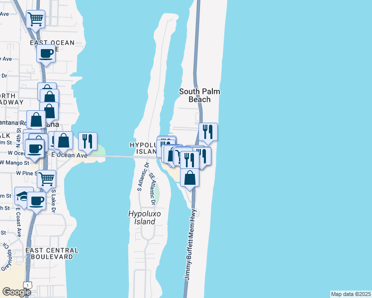 map of restaurants, bars, coffee shops, grocery stores, and more near 450 East Ocean Avenue in Lantana