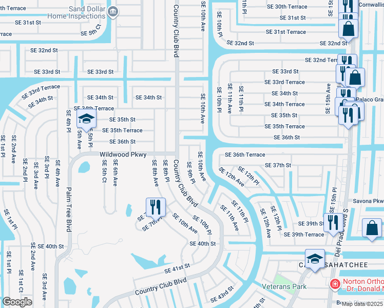 map of restaurants, bars, coffee shops, grocery stores, and more near 3618 Southeast 9th Place in Cape Coral