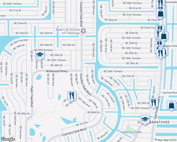 map of restaurants, bars, coffee shops, grocery stores, and more near 3618 Southeast 9th Place in Cape Coral