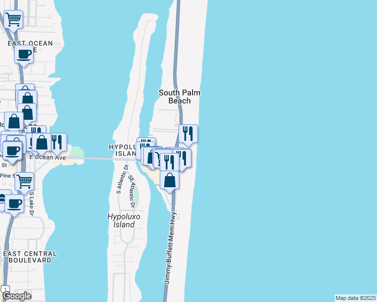 map of restaurants, bars, coffee shops, grocery stores, and more near 100 North Ocean Boulevard in Lantana