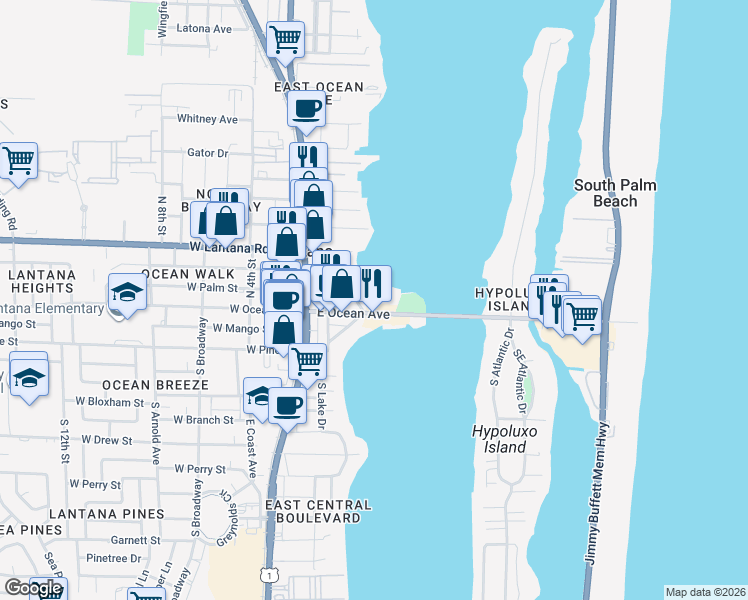 map of restaurants, bars, coffee shops, grocery stores, and more near 301 East Ocean Avenue in Lantana