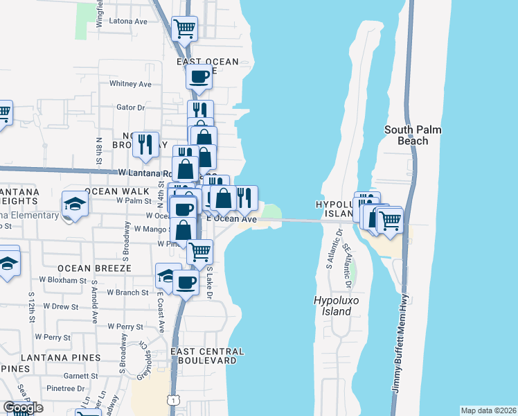 map of restaurants, bars, coffee shops, grocery stores, and more near 311 East Ocean Avenue in Lantana