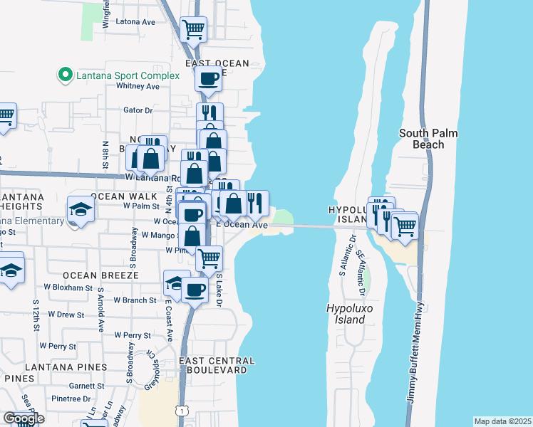 map of restaurants, bars, coffee shops, grocery stores, and more near 301 East Ocean Avenue in Lantana