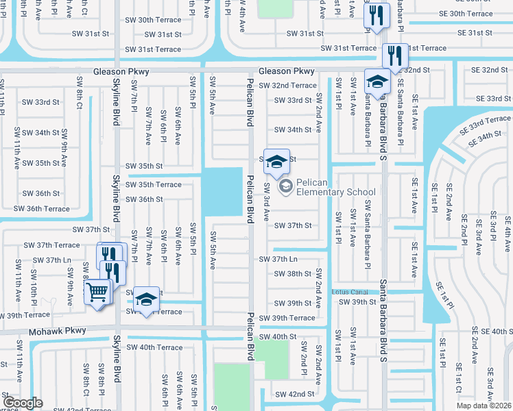 map of restaurants, bars, coffee shops, grocery stores, and more near 3611 Pelican Boulevard in Cape Coral