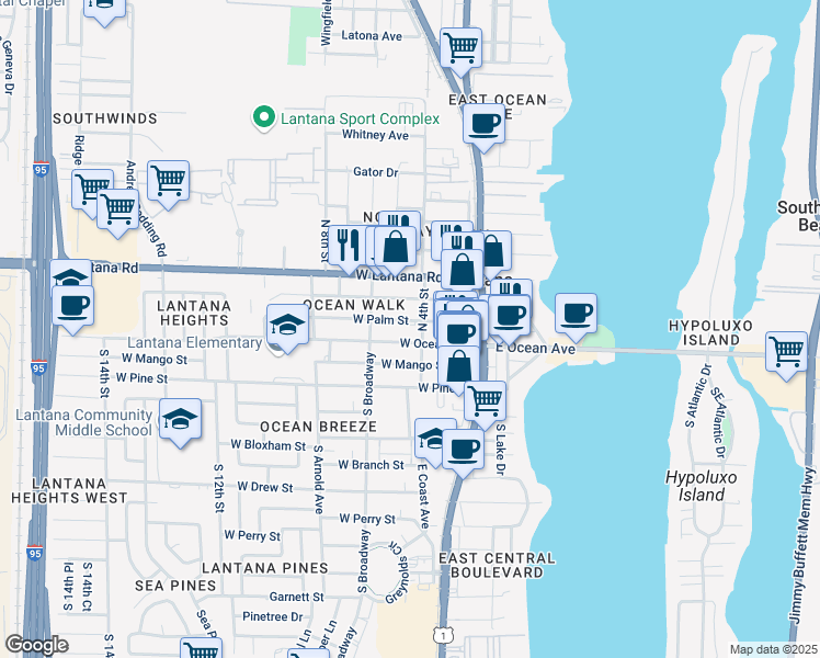 map of restaurants, bars, coffee shops, grocery stores, and more near 15 West Ocean Avenue in Lantana