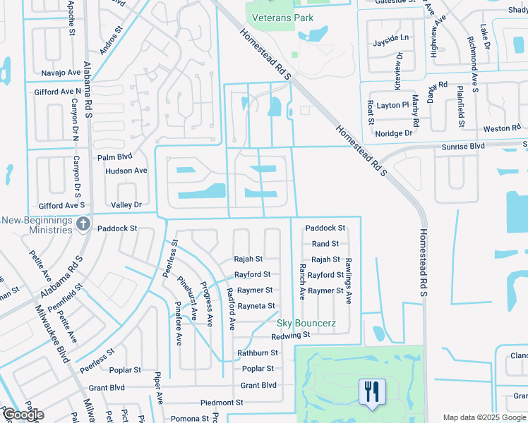 map of restaurants, bars, coffee shops, grocery stores, and more near 447 Paddock Street in Lehigh Acres