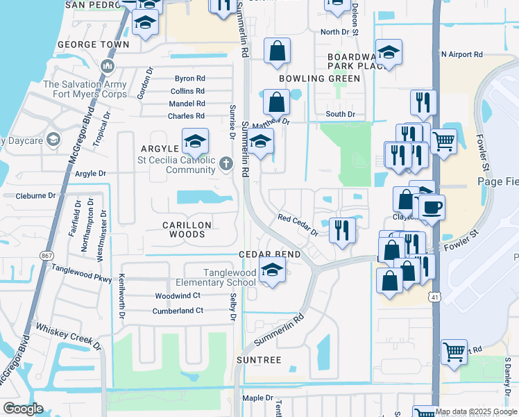 map of restaurants, bars, coffee shops, grocery stores, and more near 5216 Cedarbend Drive in Fort Myers