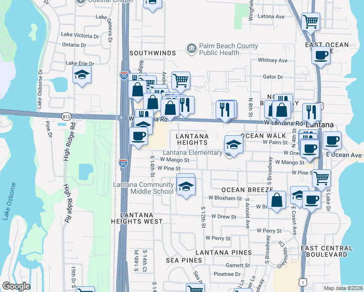 map of restaurants, bars, coffee shops, grocery stores, and more near 108 North 13th Street in Lantana