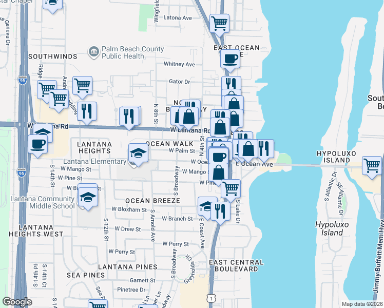 map of restaurants, bars, coffee shops, grocery stores, and more near 15 West Ocean Avenue in Lantana
