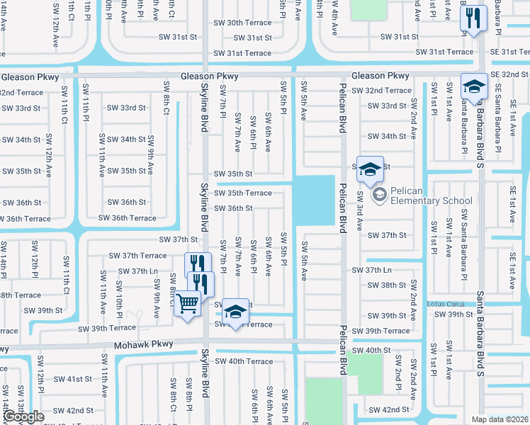 map of restaurants, bars, coffee shops, grocery stores, and more near 3615 Southwest 6th Avenue in Cape Coral