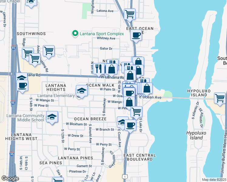 map of restaurants, bars, coffee shops, grocery stores, and more near 15 West Ocean Avenue in Lantana