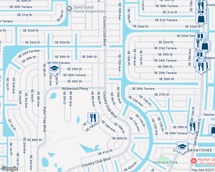 map of restaurants, bars, coffee shops, grocery stores, and more near 3618 Southeast 9th Place in Cape Coral