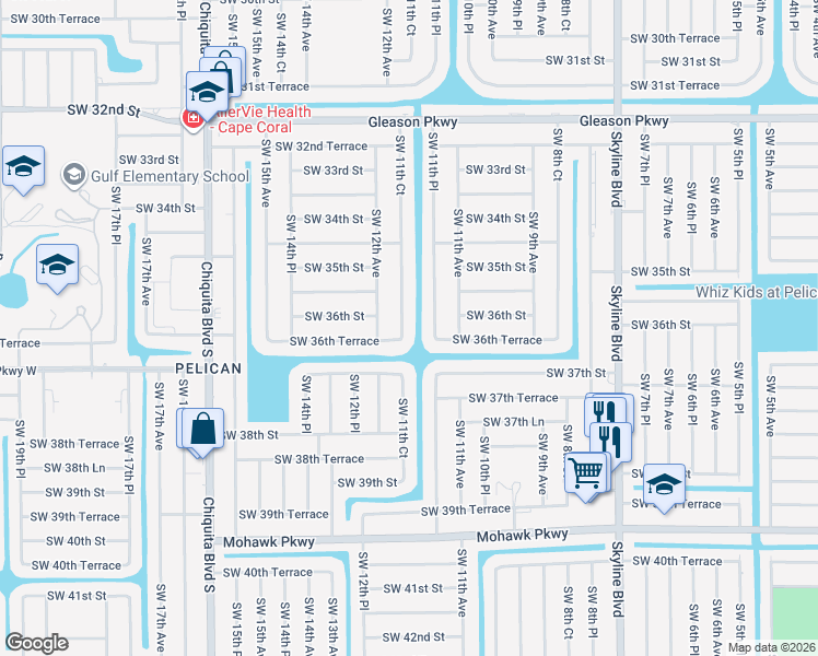 map of restaurants, bars, coffee shops, grocery stores, and more near 3609 Southwest 11th Court in Cape Coral