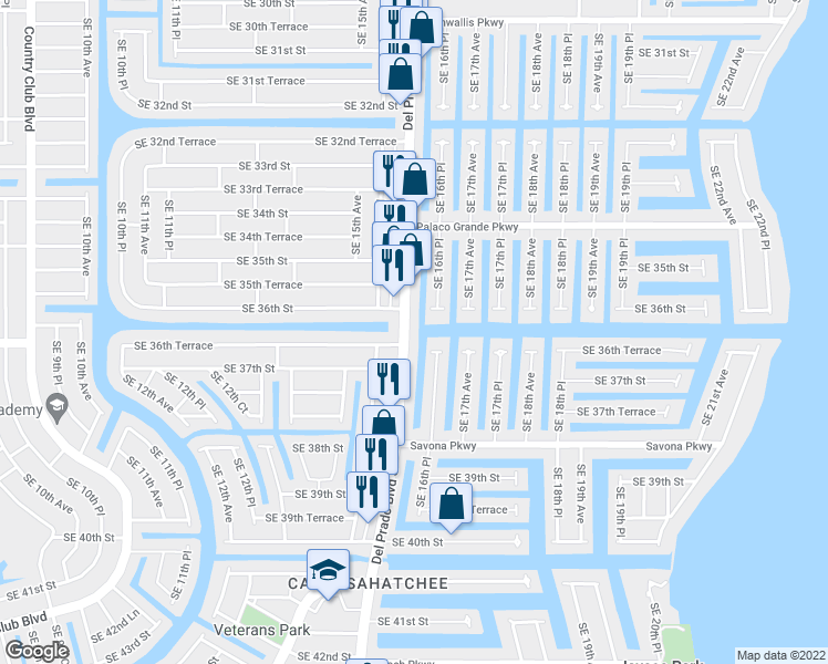 map of restaurants, bars, coffee shops, grocery stores, and more near 3625 Del Prado Boulevard South in Cape Coral