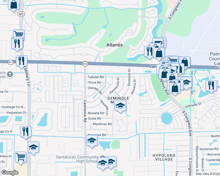 map of restaurants, bars, coffee shops, grocery stores, and more near 432 Tuskegee Drive in Lake Worth