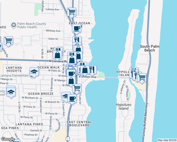 map of restaurants, bars, coffee shops, grocery stores, and more near 200 North Lake Drive in Lantana