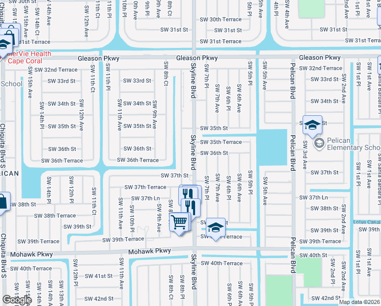 map of restaurants, bars, coffee shops, grocery stores, and more near 3519 Southwest 8th Place in Cape Coral