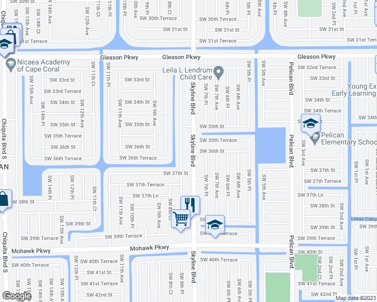 map of restaurants, bars, coffee shops, grocery stores, and more near 3519 Southwest 8th Place in Cape Coral