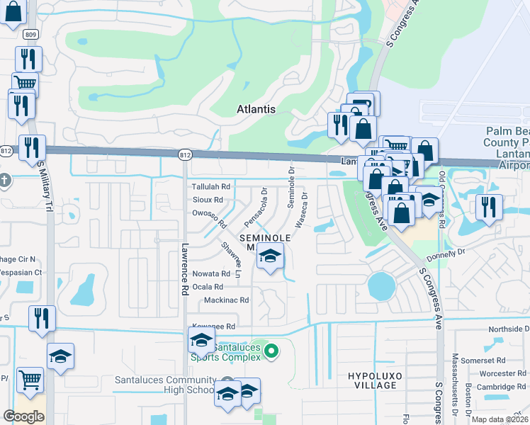 map of restaurants, bars, coffee shops, grocery stores, and more near 456 Pensacola Drive in Lake Worth