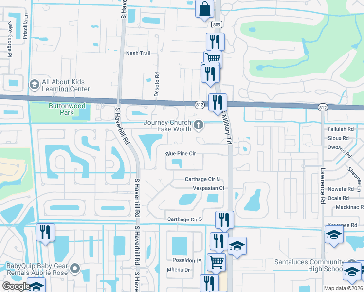 map of restaurants, bars, coffee shops, grocery stores, and more near 6281 Bangalow Drive in Lake Worth