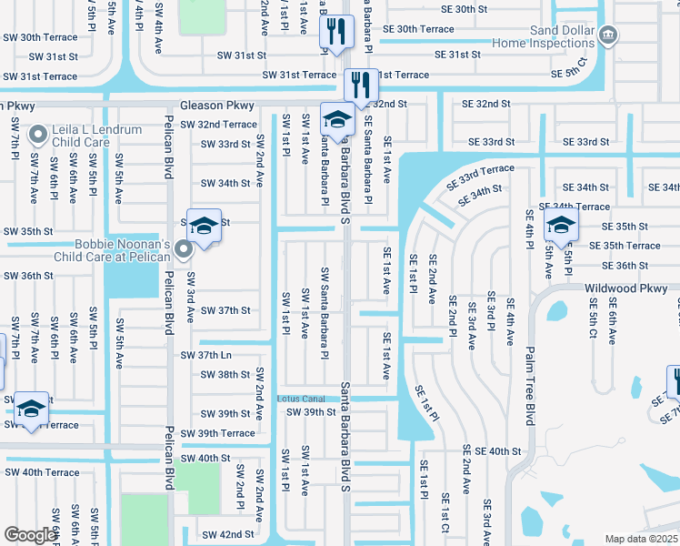 map of restaurants, bars, coffee shops, grocery stores, and more near 3515 Southwest Santa Barbara Place in Cape Coral